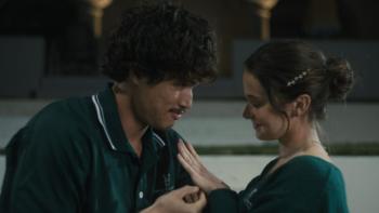 Beef Season 2 TV show screenshot 1: Austin shyly holds out a ring to Ashley, who looks nervous and excited; both wear country club uniforms