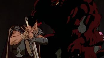 Berserk TV show: Guts stands in front of a large demon that has a minotaur-like appearance