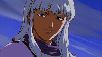 Berserk TV show: A man wearing a suit of armor stands underneath a cloudy blue sky