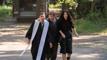 Big Mistakes: Yusuf leans on Nicky and Morgan as they run away from an open UPS truck; Nicky wears a priest's vestments