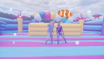 Blippi's Ultimate Bounce House Challenges TV: Blippi and Meekah pretend to be underwater in sea-monster themed bounce house. Digital clownfish appears