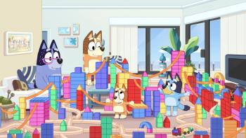 Bluey Minisodes: Bluey and Bingo play in a room full of play blocks as their mom and grandma look on.