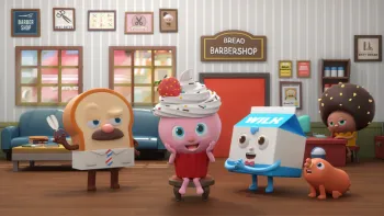 Bread Barbershop TV show screenshot 1: Inside the shop, Master Bread flexes his scissors and a cupcake marvels at its updo