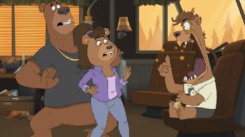 Breaking Bear: Alistair (right) freaks out in front of his siblings
