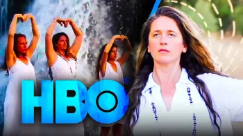 Blue letters HBO in front of a photo montage of three white women in white dresses with arms above their heads and head wraps on next to Guru Jaget 