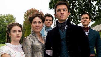 Bridgerton Season 1 TV show screenshot 2: Hyacinth, Violet, Anthony, Benedict and Colin stand together outdoors, dressed in Regency daywear