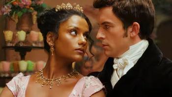 Bridgerton Season 2 TV show screenshot 2: Kate and Anthony are shown in close up, gazing at each other's eyes as they dance together