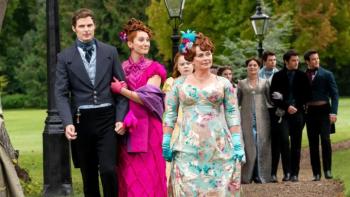 Bridgerton Season 2 TV show screenshot 3: Prudence holds Jack's arm as they walk together; Lady Featherington walks ahead of them 