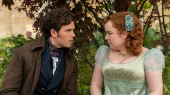 Bridgerton Season 3 TV show screenshot 2: Colin and Penelope sit together on a bench outdoors, looking deeply into each other's eyes