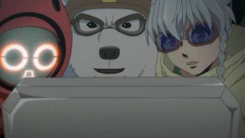 Bullet/Bullet TV show screenshot 1: Qu-0213, White Bear, and Gear look at a computer screen together, focused