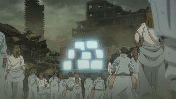 Bullet/Bullet TV show screenshot 2: A large group of people stand watching a stack of giant TV screens in a dystopian looking junkyard