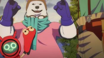 Bullet/Bullet TV show screenshot 3: White Bear and Qu-0213 hold their hands in the air looking excited and triumphant
