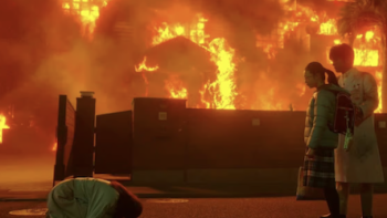 Burn the House Down TV show  screenshot 1: A fire engulfs the home in background as Satsuki bows for forgiveness to her husband and a young Anzu. 