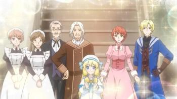 By the Grace of the Gods TV show: The royal Jamil family stands in front of a staircase with their butler and maids by their sides, they look welcoming and are surrounded by shimmering lights. 