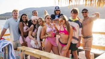 Canada Shore TV show screenshot: A group of White and Black, male and female young adults in revealing clothing.