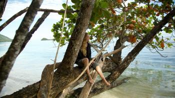 Castaways TV Series: A woman sits on a tree trunk that protrudes out over ocean water. 