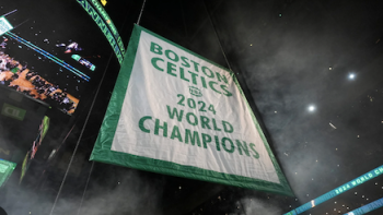Celtics City screenshot 2: 2024 Celtics Championship banner hangs from stadium rafter. 