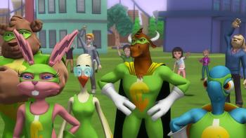 3D animated animals in superhero costumes with people cheering behind them
