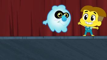 Chibiverse TV show screenshot: Cartoon of a ghost talking to a boy on a stage.
