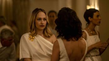 City on Fire TV show: a woman (Jemima Kirke) chats at an upper-class party