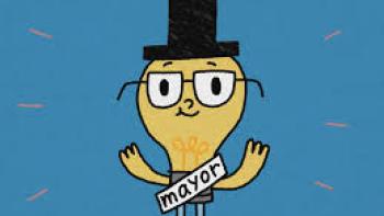 City Island Sings! TV show screensho: A personified lightbulb wearing a top hat, glasses and a sash that says "mayor."