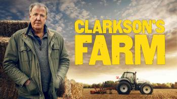 Clarkson's Farm in bold yellow, blocky font above an aging white male who stands in front of a cloudy, cold looking farm
