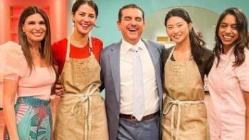 Cookie Cupcake Cake TV Show screenshot 2: hosts Buddy and Samantha with three contestants