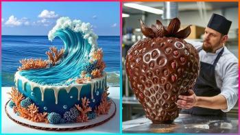 Cookie Cupcake Cake TV Show screenshot 3: a contestant with a wave cake and giant chocolate covered strawberry cake