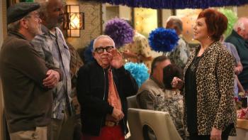 The Cool Kids TV Series: Martin Mull, Leslie Jordan, and Vicki Lawrence stand together at a party, chatting. 