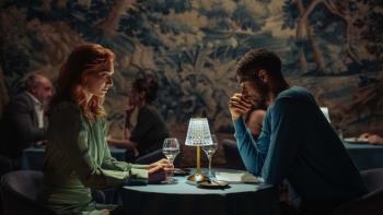 The Couple Next Door: Evie and Pete eat at a dimly lit restaurant
