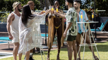 Couple to Throuple TV show screenshot 2: The four monogamous couples make a toast in bathing suits.