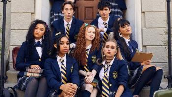 Crown Lake TV show screenshot: A group of private school students sit on steps wearing their uniforms.