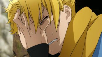 Daemons of the Shadow Realm: Close-up of Yuru as he clutches his sweating face and grimaces in pain. 