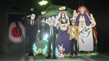 Daemons of the Shadow Realm: A group of humans and daemons in a dark warehouse salute and say hello to someone off-screen.