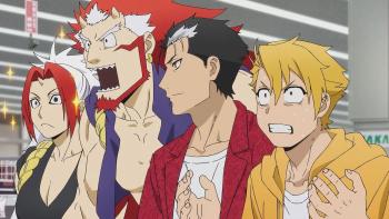 Daemons of the Shadow Realm: (Left to Right) Left, Right, Dera, and Yuru enter a modern store. Left and Right are excited. Yuru is nervous.
