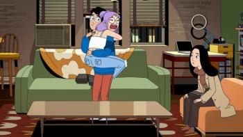 Dang! TV show screenshot 1: In the Dang's apartment, Eunice clings to Andrew in fear as Ruthie sits separately, wondering what's going on