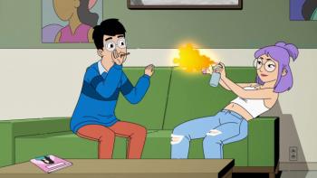 Dang! TV show screenshot 3: Andrew holds a small cigarette in his mouth as Eunice attempts to light it with a stream of fire from an aerosol can
