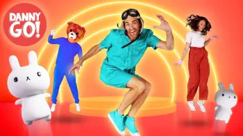 Danny Go! TV show screenshot 2: Danny jumps with Mindy Mango and Bearhead on a bright orange background