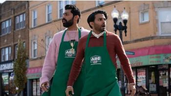 Deli Boys TV show screenshot 1: Saagar Shaikh and Asif Ali are outside of the convenience store, looking frazzled.