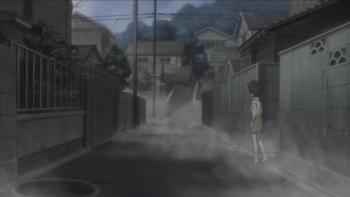 Den-Noh Coil: Yasako walks out of an alley on an overcast day and looks down the street to her right