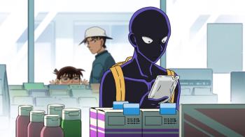 Detective Conan The Culprit Hanzawa TV show: A shadowy figure is seen holding a shampoo bottle in a Japanese convenience store while two figures watch him from outside
