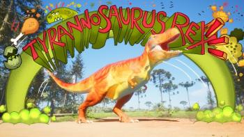 Dino Pops TV show screenshot 1: Orange and yellow dinosaur, Tobi, rawrs in front of a banner that says "Tyrannosaurus Rex".