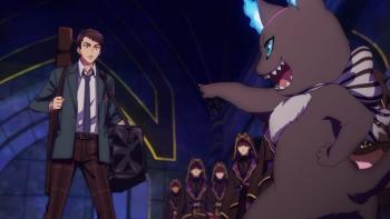 Disney Twisted-Wonderland: The Animation screenshot 1: Grim points at Yu who looks shocked. Yu wears his school uniform and holds kendo gear.