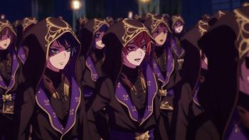 Disney Twisted-Wonderland: The Animation screenshot 2: A group of students in robes with hoods up look surprised. Ace and Deuce are centered.