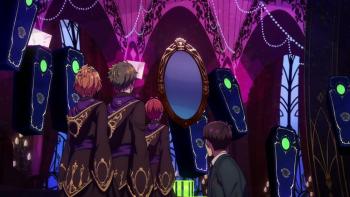 Disney Twisted-Wonderland: The Animation screenshot 4: A shot from behind as students look up at a giant mirror surrounded by floating coffins.
