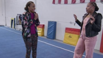 Learning gymnastics with Amber Ruffin. 