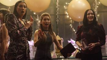 Dollface TV Series: Stella (Shay Mitchell), Madison (Brenda Song), and Jules (Kat Dennings) at a party