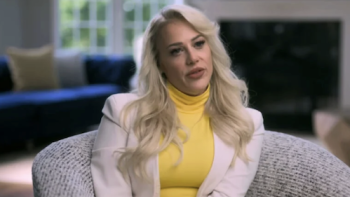 Don't Date Brandon TV show screenshot 2: Athena Klingerman sits on sofa wearing yellow shirt and white jacket.