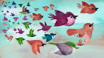 Donkey Hodie Bedtime Stories: an illustration of colorful birds flying