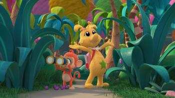Dr. Seuss's The Sneetches TV show screenshot: A star-bellied Sneetch and a small monkey stand together in the wilderness